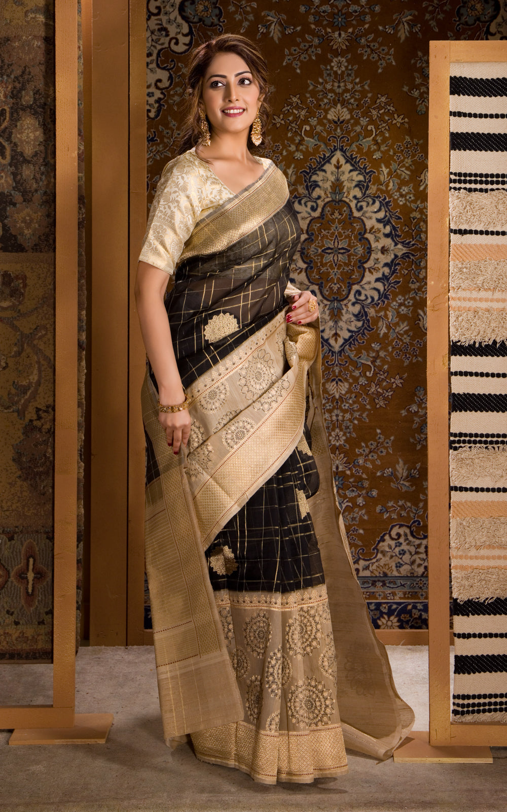 Black & Beige Banarasi Kora Saree With Kadhua Weaves & Gicha Border