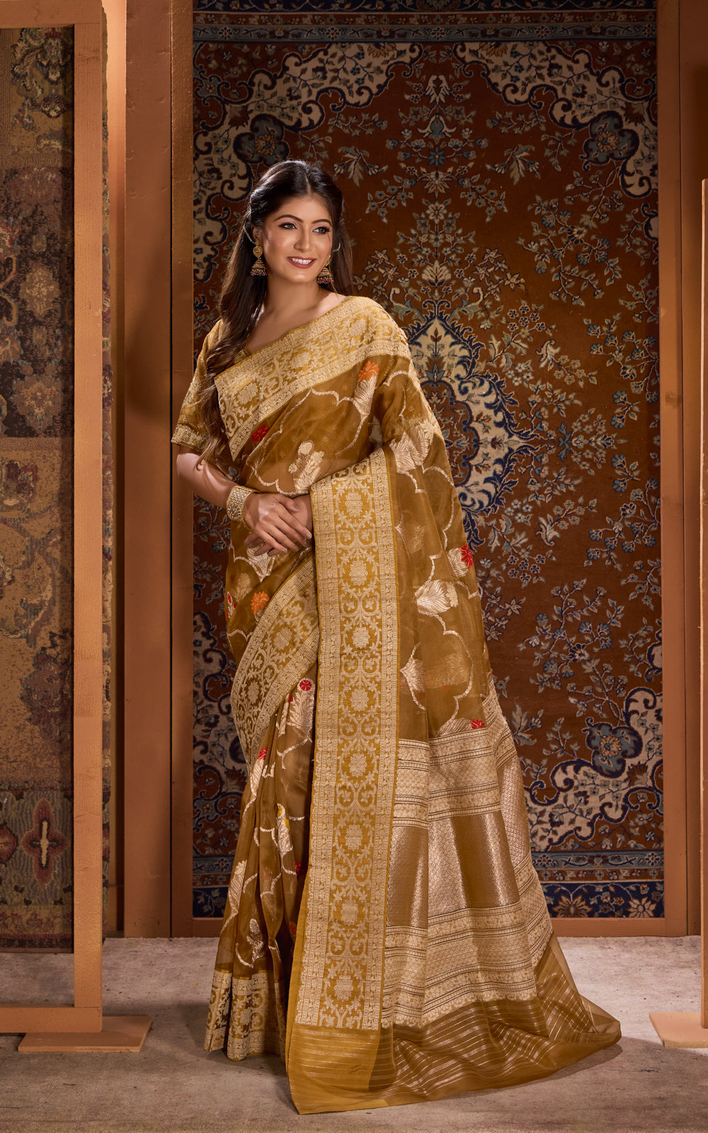 Dark Mustard Banarasi Kora Saree With Kadhua Weaves