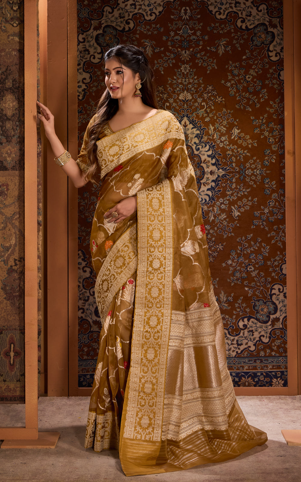 Dark Mustard Banarasi Kora Saree With Kadhua Weaves