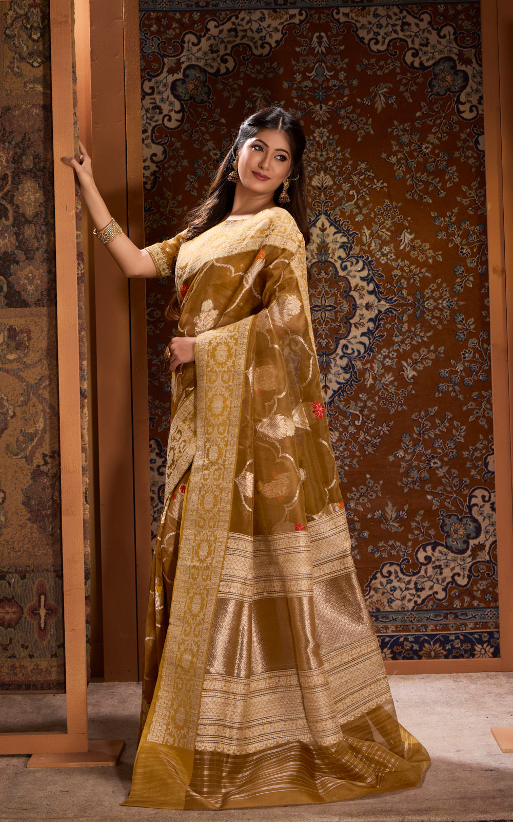 Dark Mustard Banarasi Kora Saree With Kadhua Weaves