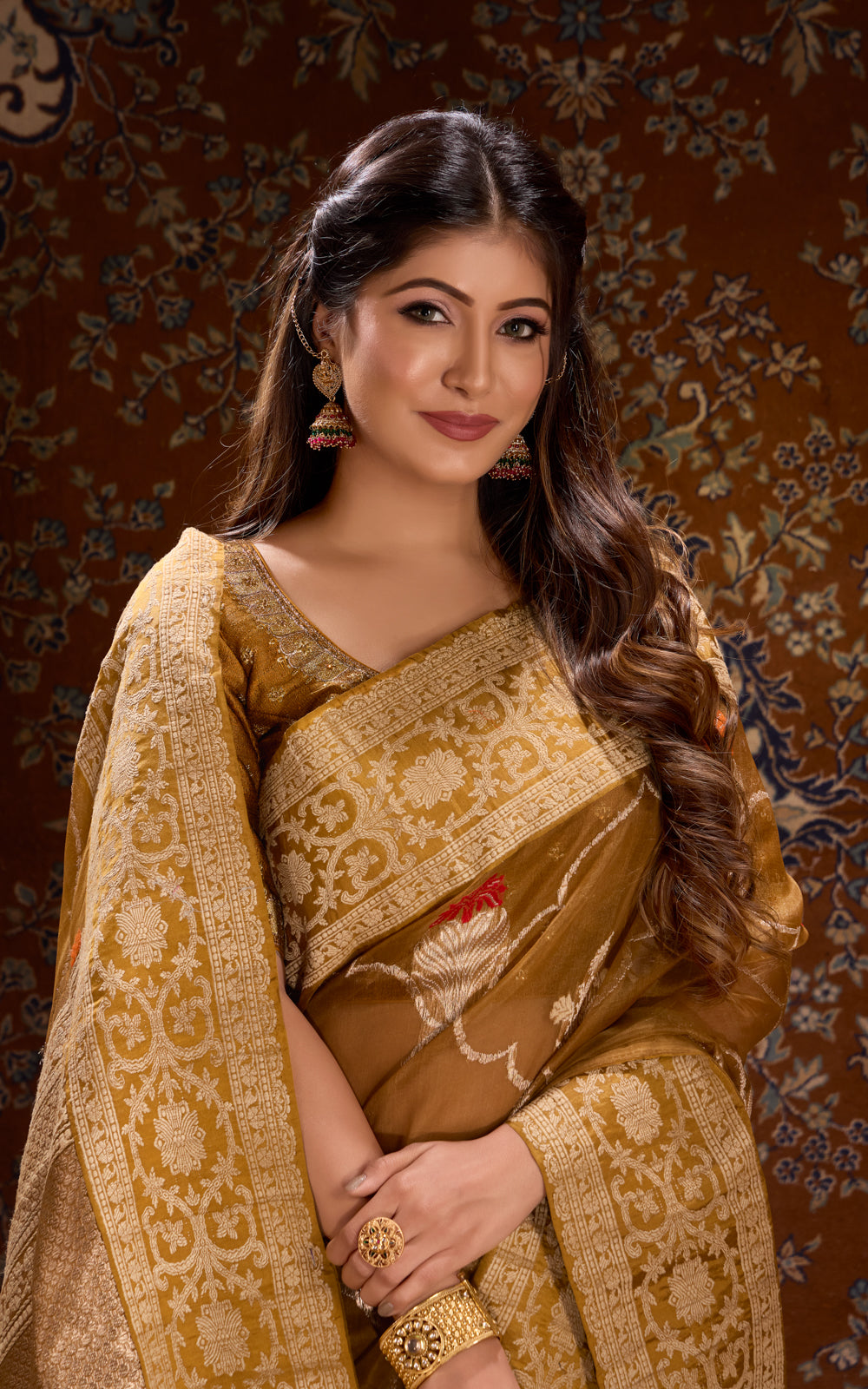Dark Mustard Banarasi Kora Saree With Kadhua Weaves