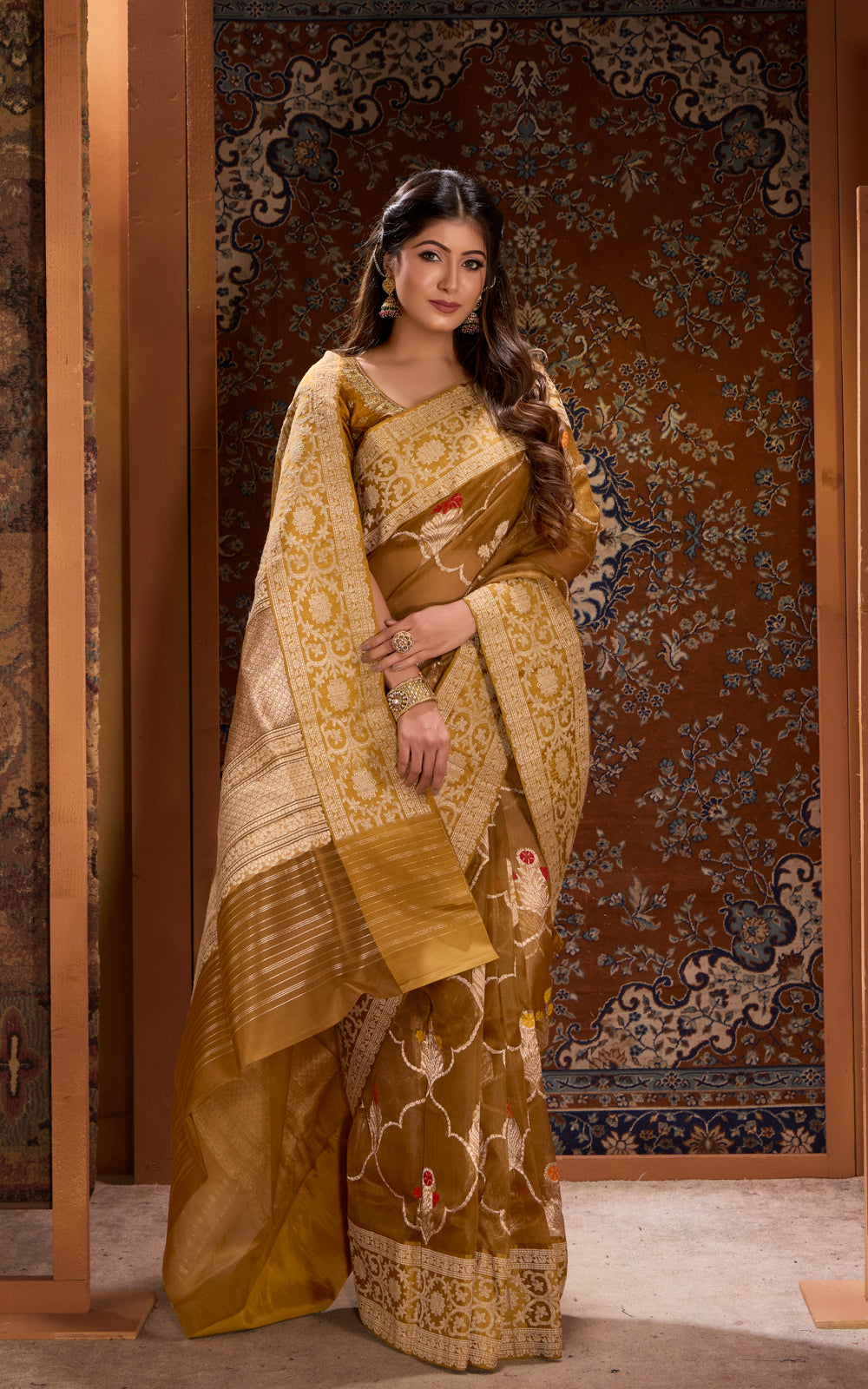 Dark Mustard Banarasi Kora Saree With Kadhua Weaves