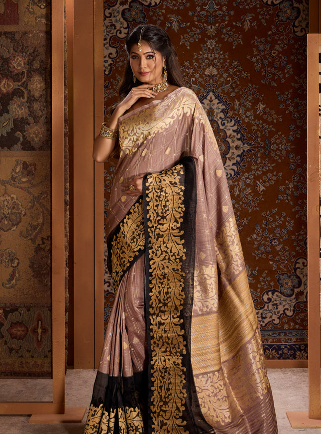 Grey & Black Banarasi Tussar Saree With Kora Border