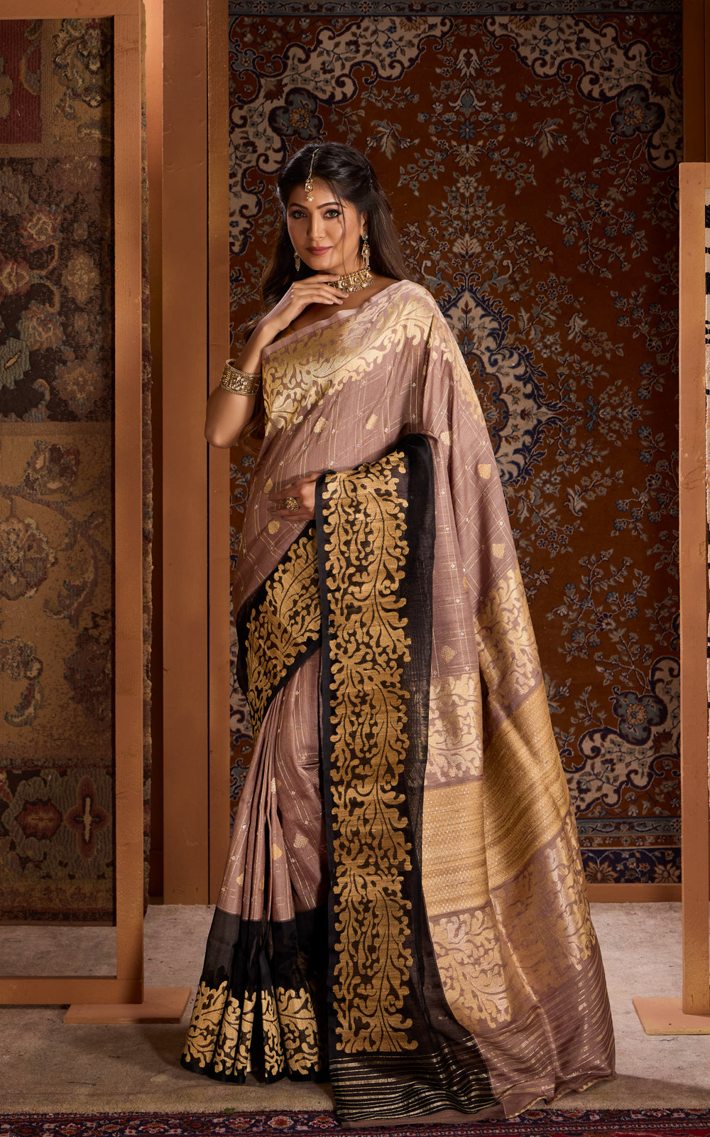 Grey & Black Banarasi Tussar Saree With Kora Border