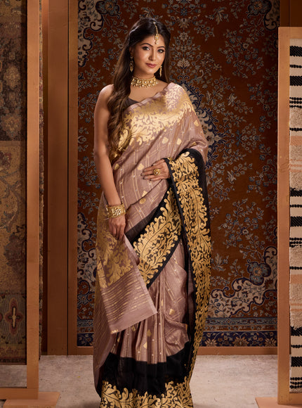 Grey & Black Banarasi Tussar Saree With Kora Border