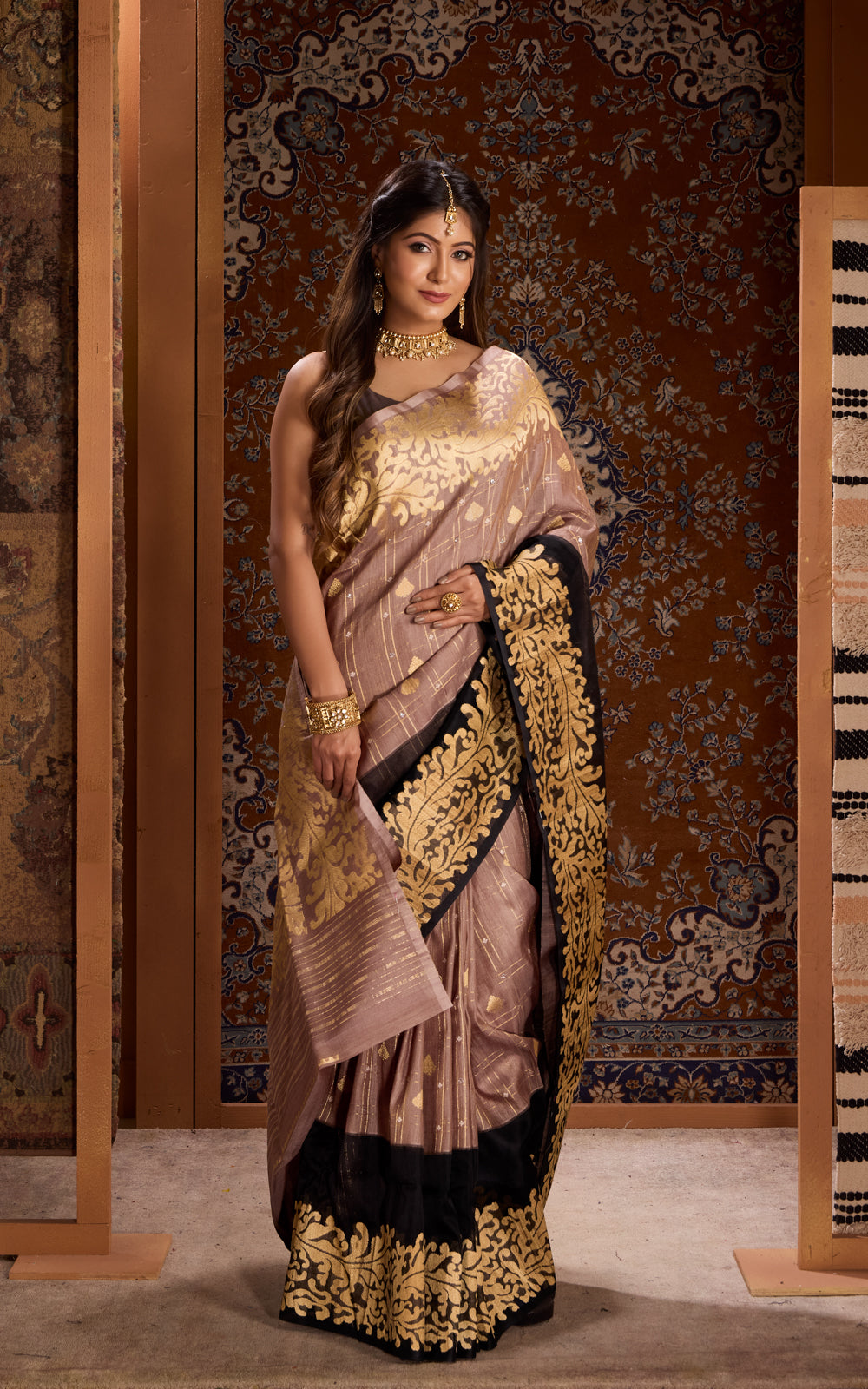 Grey & Black Banarasi Tussar Saree With Kora Border