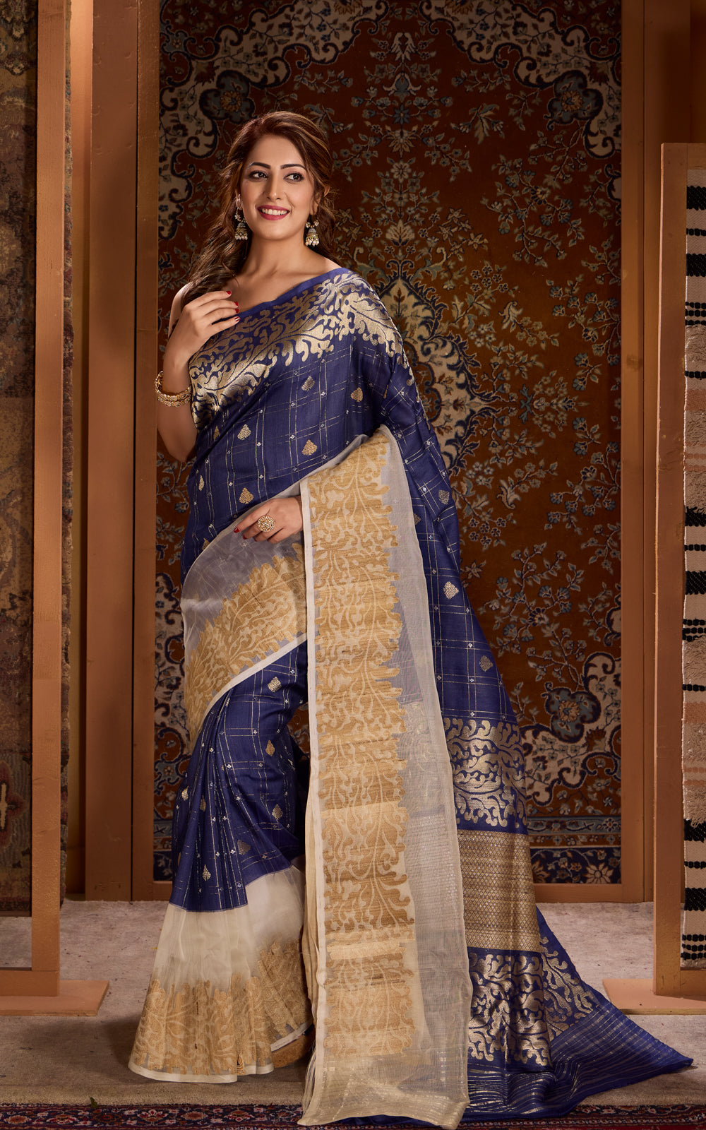 Blue & Beige Banarasi Tussar Saree With Kora Border