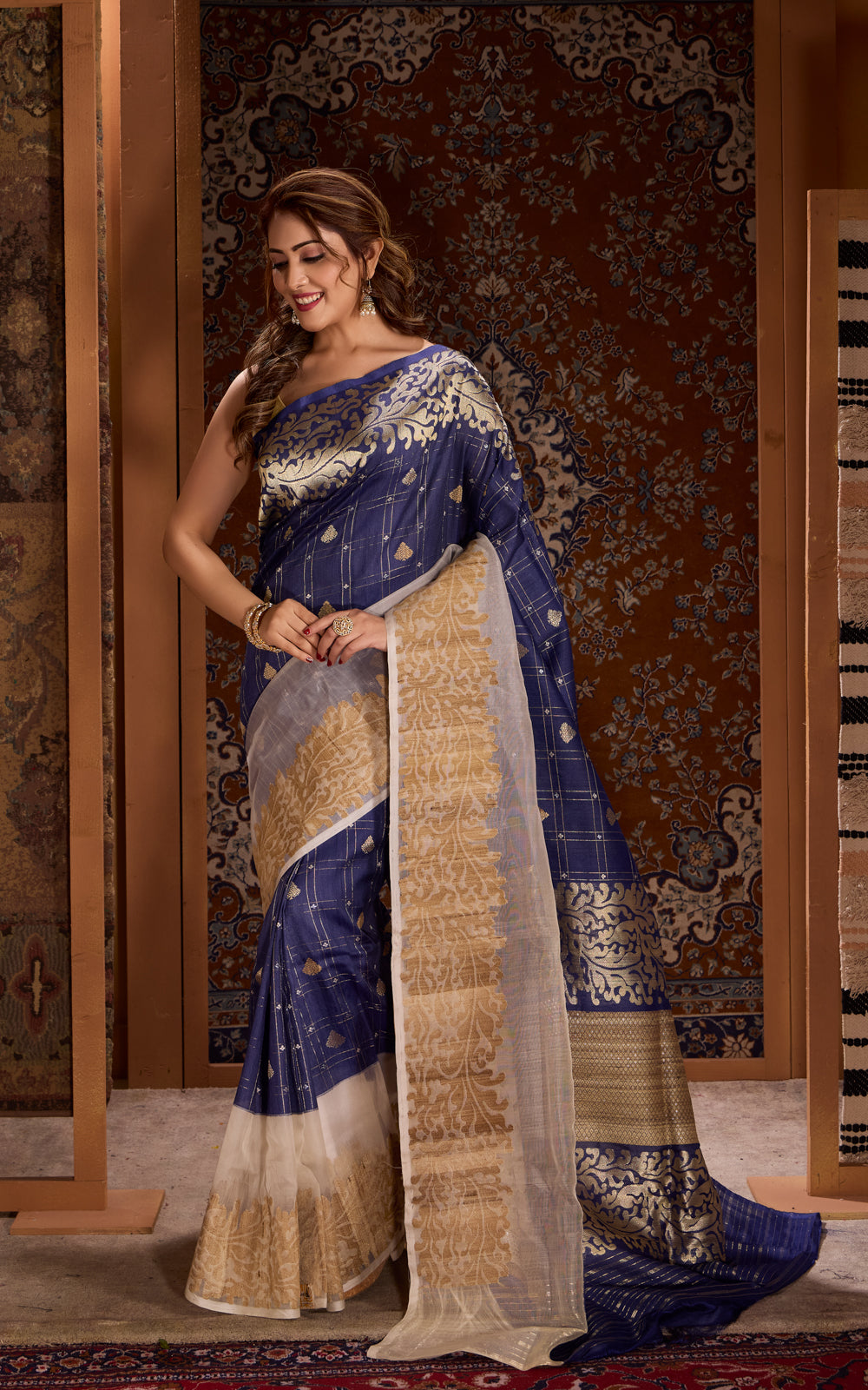 Blue & Beige Banarasi Tussar Saree With Kora Border