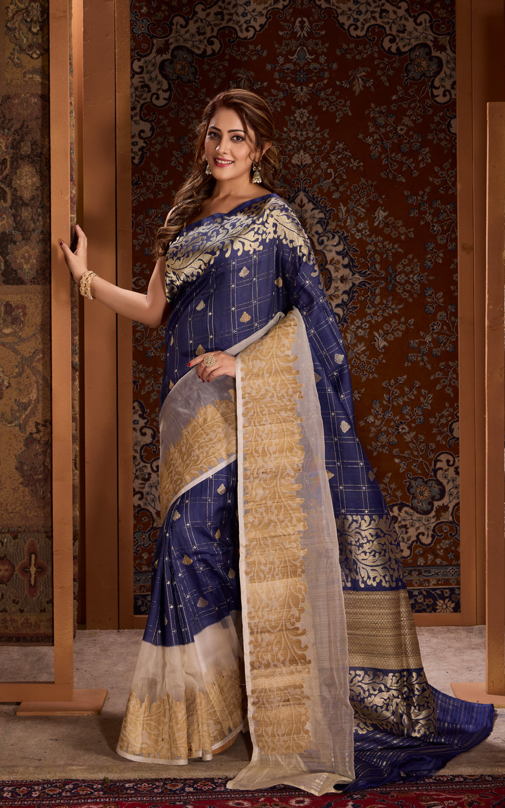 Blue & Beige Banarasi Tussar Saree With Kora Border