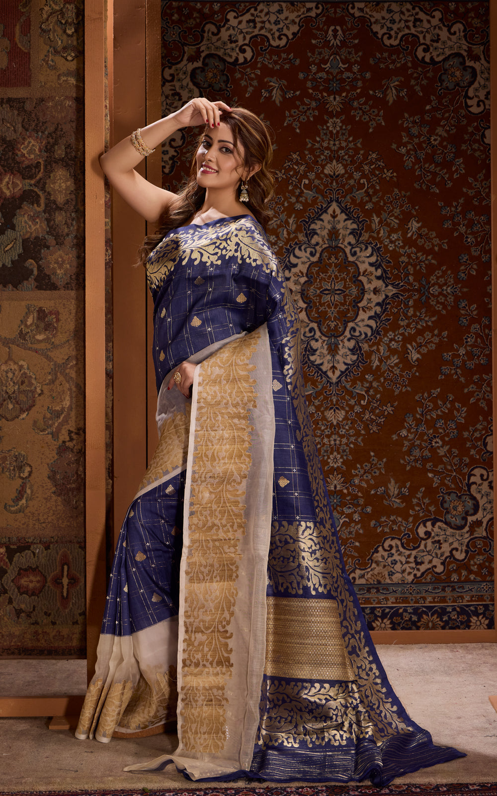 Blue & Beige Banarasi Tussar Saree With Kora Border