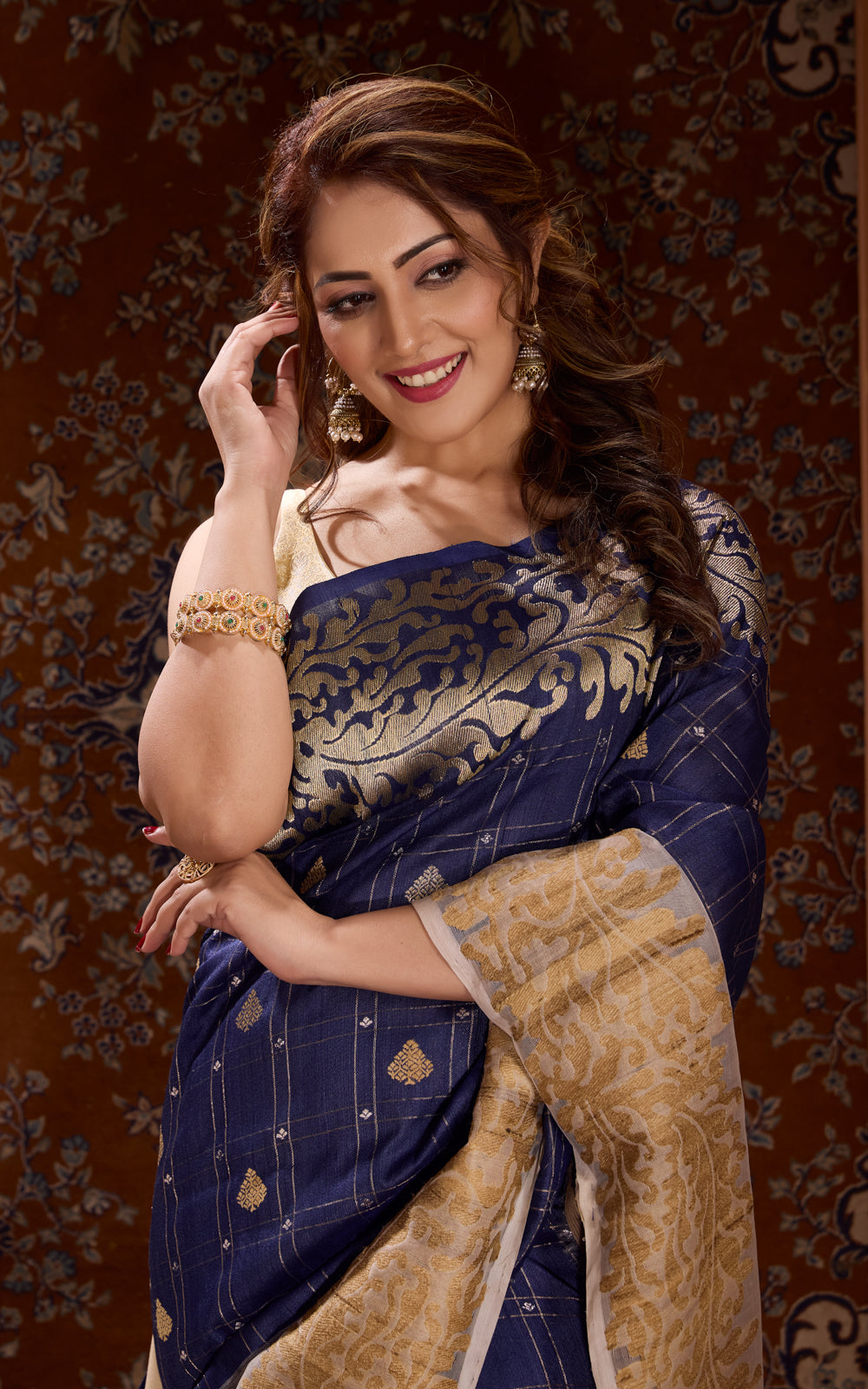 Blue & Beige Banarasi Tussar Saree With Kora Border