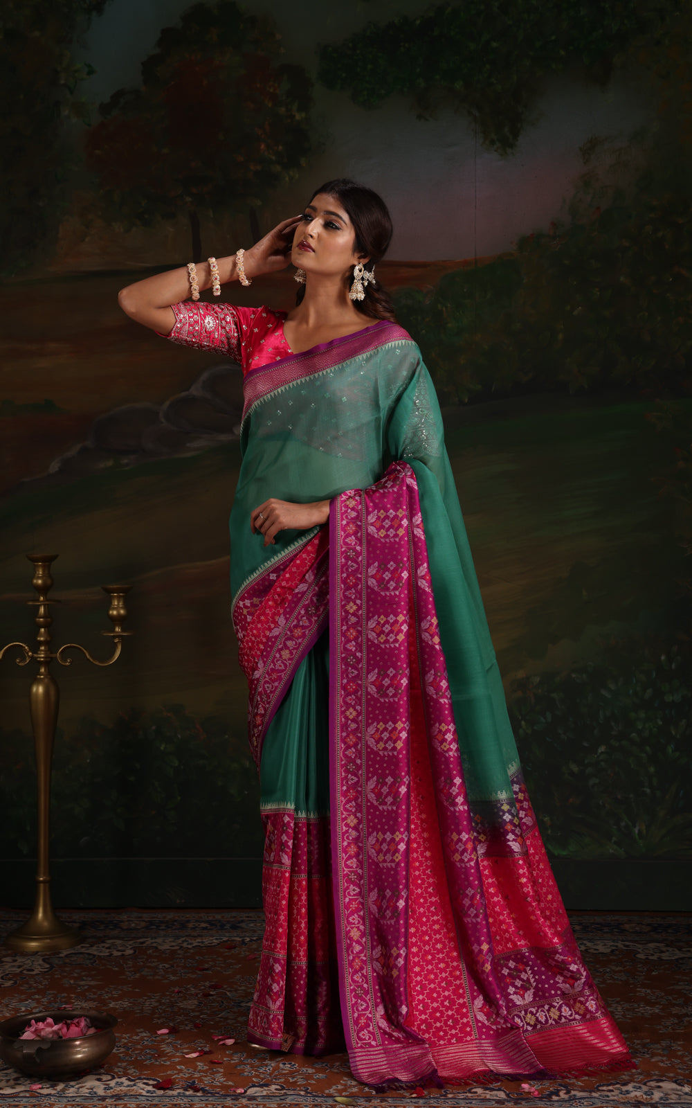 Teal Green & Purple Iktara Kora Silk Saree With Skirt Type Border
