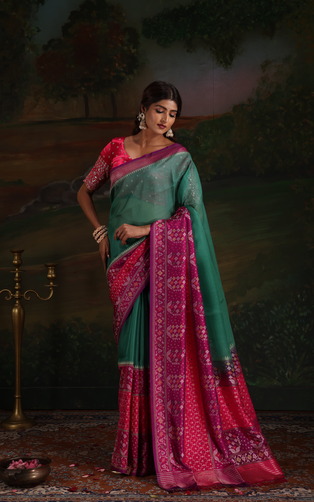 Teal Green & Purple Iktara Kora Silk Saree With Skirt Type Border