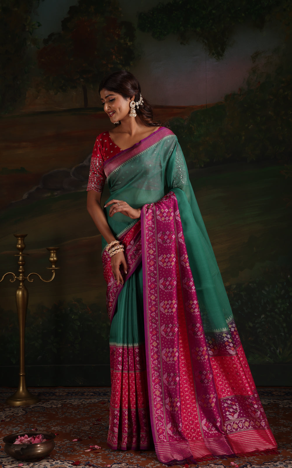 Teal Green & Purple Iktara Kora Silk Saree With Skirt Type Border