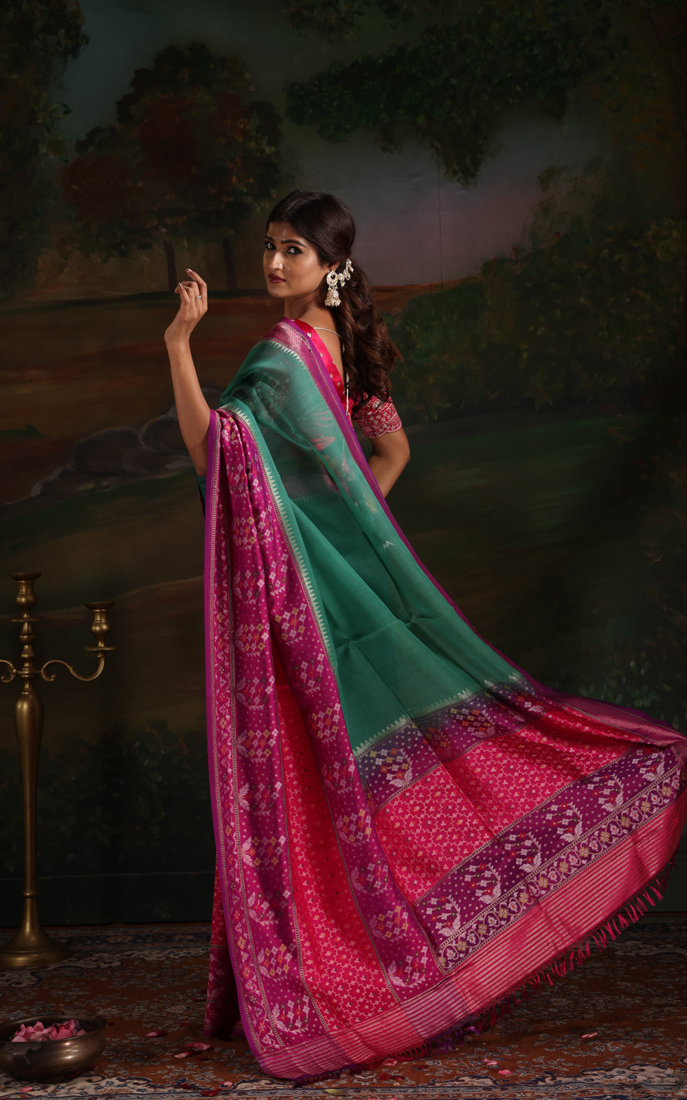 Teal Green & Purple Iktara Kora Silk Saree With Skirt Type Border
