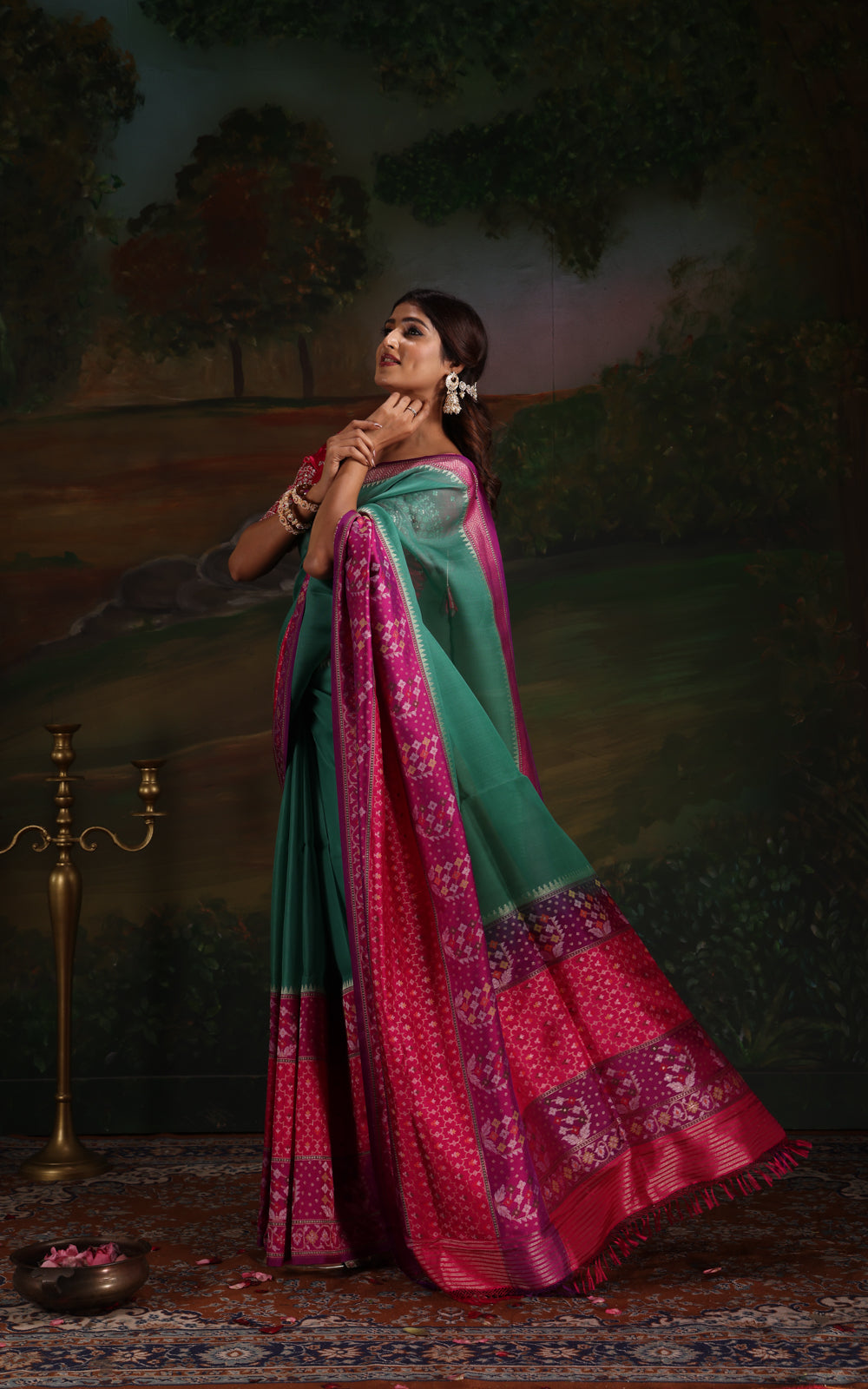 Teal Green & Purple Iktara Kora Silk Saree With Skirt Type Border