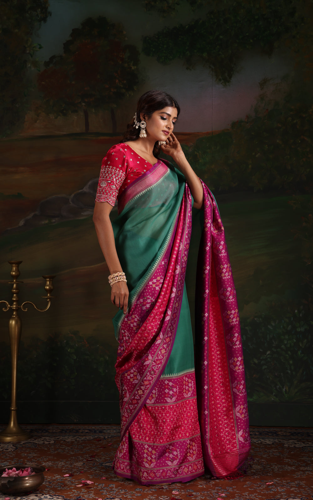 Teal Green & Purple Iktara Kora Silk Saree With Skirt Type Border