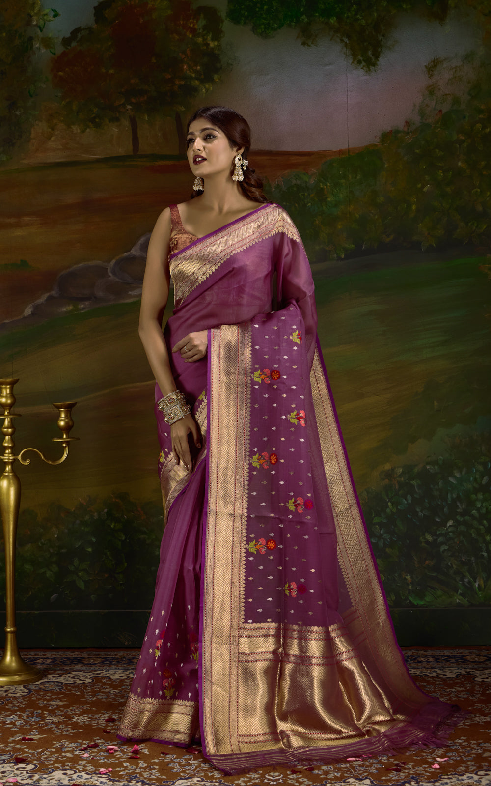 Deep Wine Iktara Kora Silk Saree With Floral Motif
