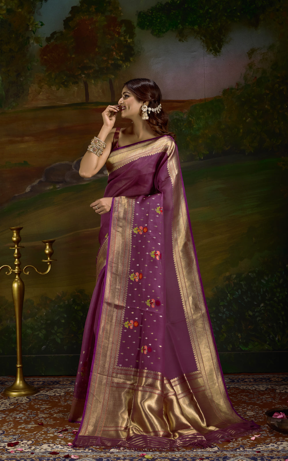 Deep Wine Iktara Kora Silk Saree With Floral Motif