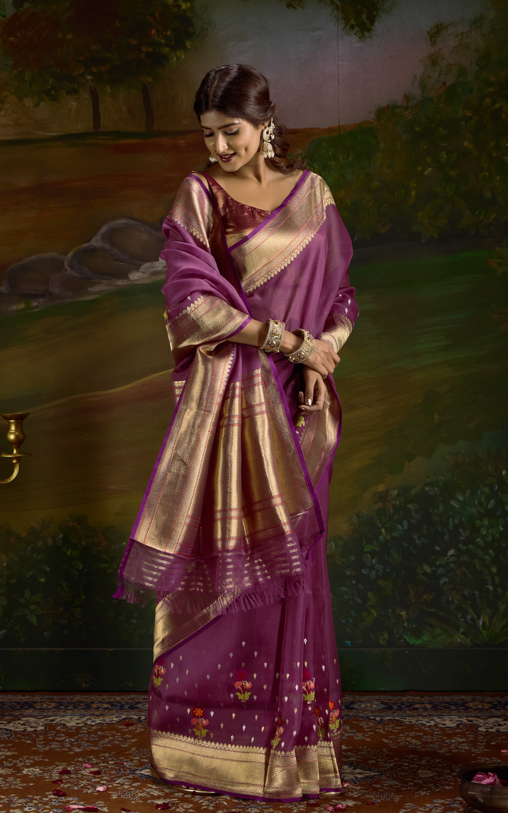 Deep Wine Iktara Kora Silk Saree With Floral Motif