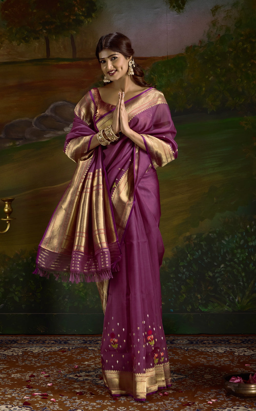 Deep Wine Iktara Kora Silk Saree With Floral Motif