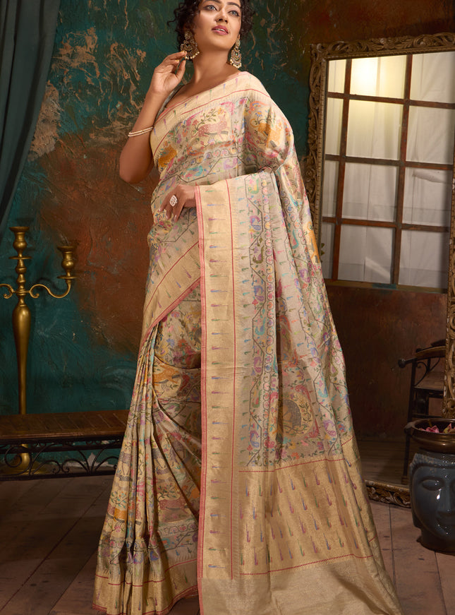 Silver Banarasi Kora Saree With Jamdani Weaves