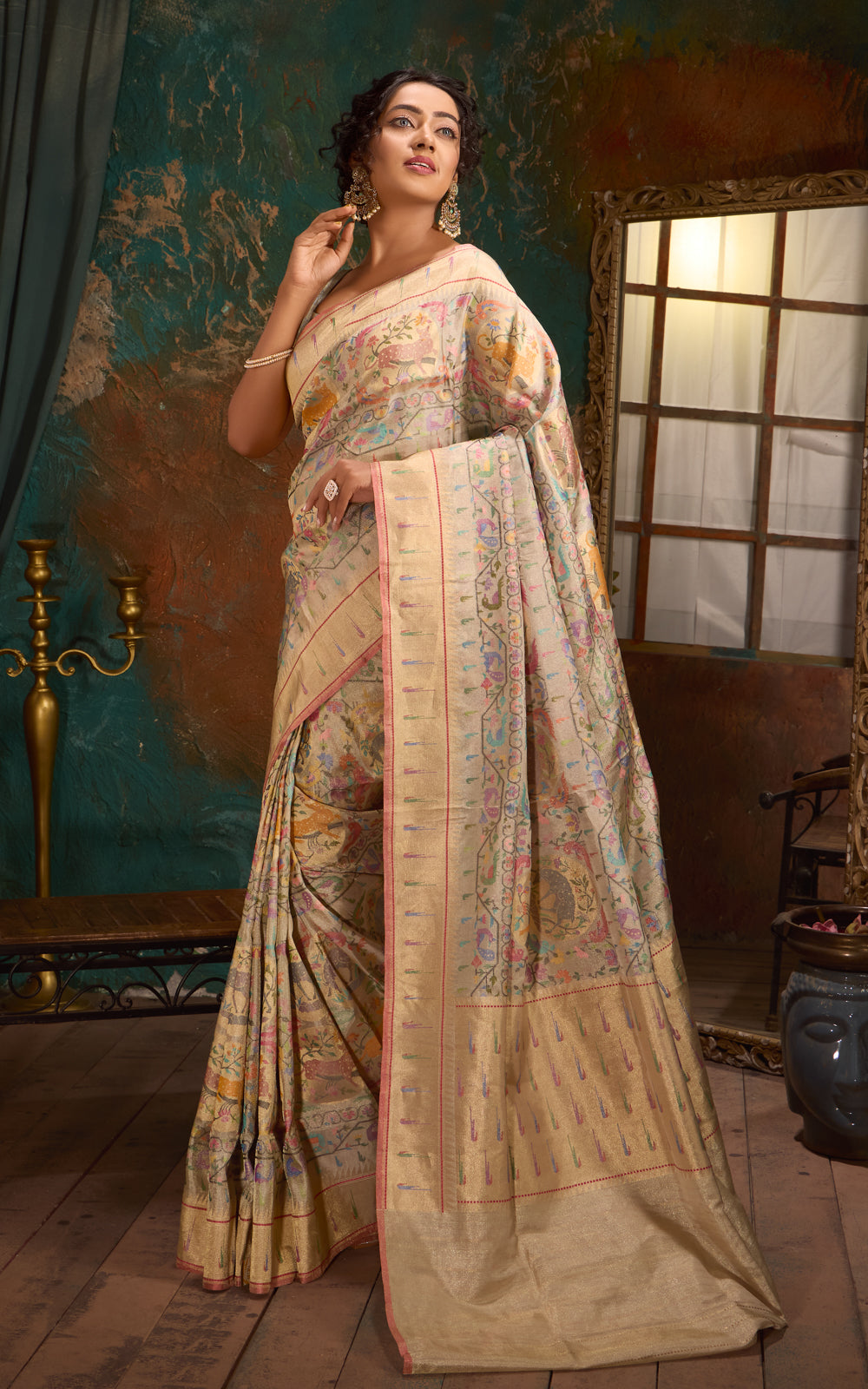 Silver Banarasi Kora Saree With Jamdani Weaves