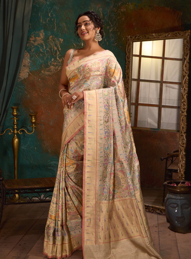Silver Banarasi Kora Saree With Jamdani Weaves