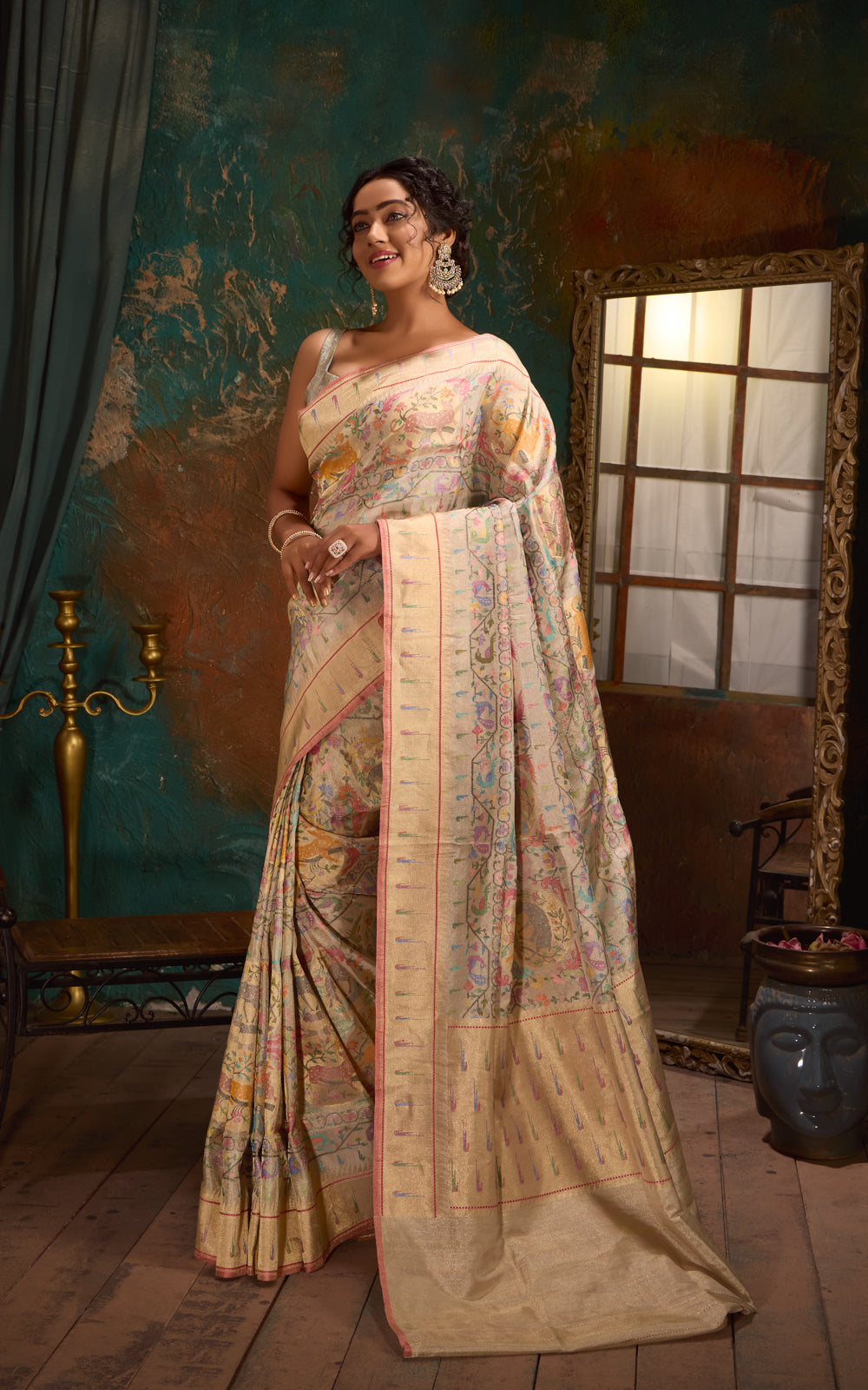 Silver Banarasi Kora Saree With Jamdani Weaves