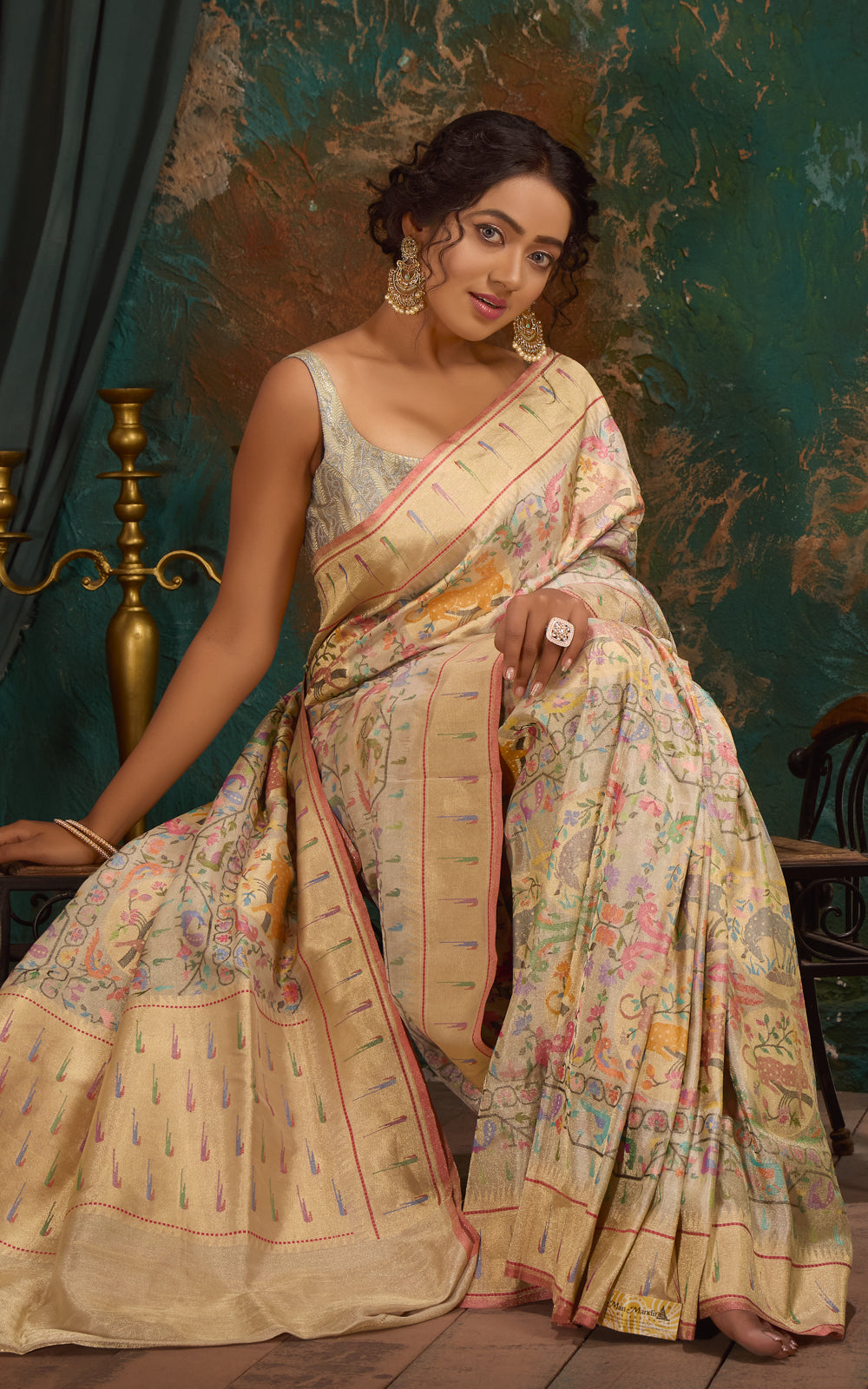 Silver Banarasi Kora Saree With Jamdani Weaves