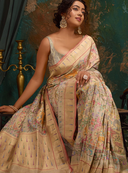 Silver Banarasi Kora Saree With Jamdani Weaves