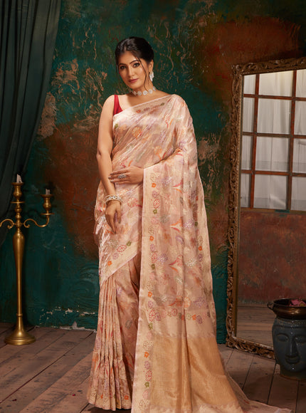 Mild Peach Banarasi Tissue Silk With Jamdani Weaves