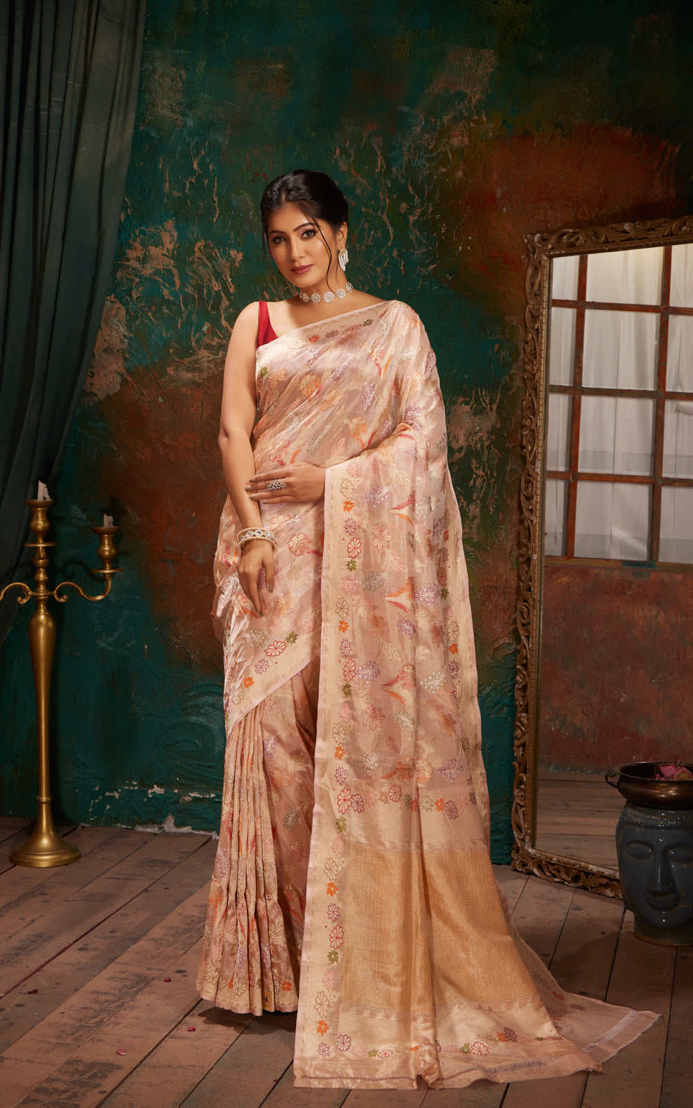 Mild Peach Banarasi Tissue Silk With Jamdani Weaves