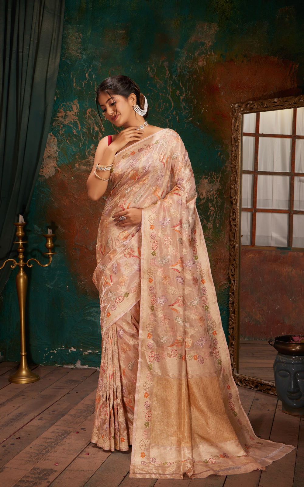 Mild Peach Banarasi Tissue Silk With Jamdani Weaves