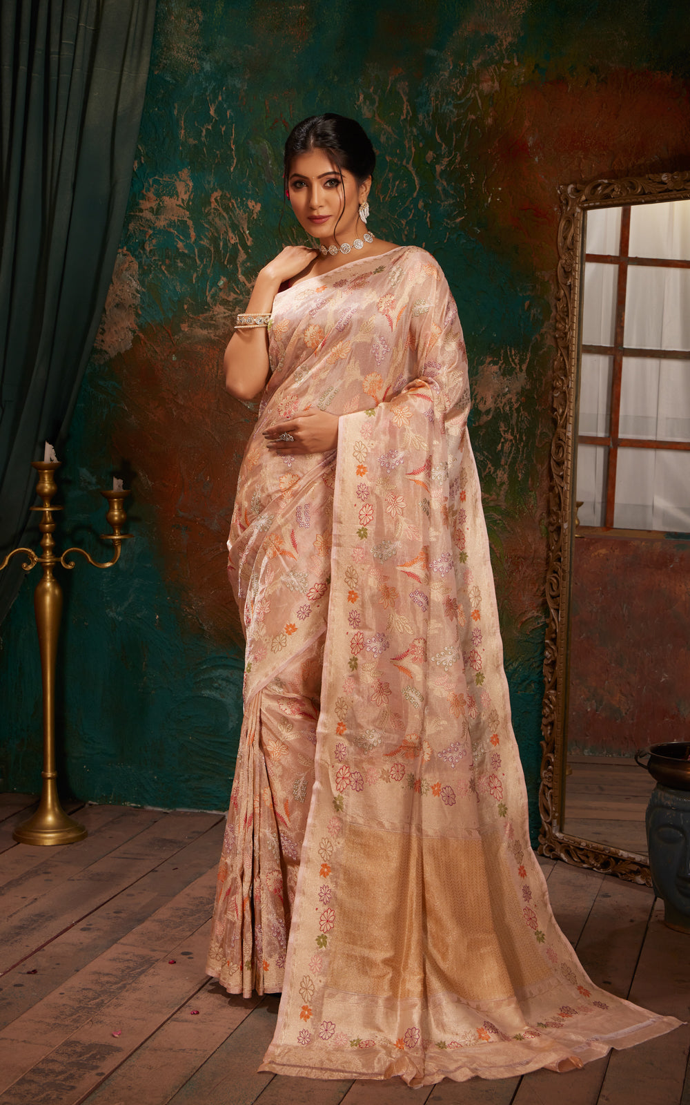 Mild Peach Banarasi Tissue Silk With Jamdani Weaves