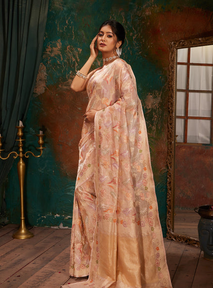 Mild Peach Banarasi Tissue Silk With Jamdani Weaves