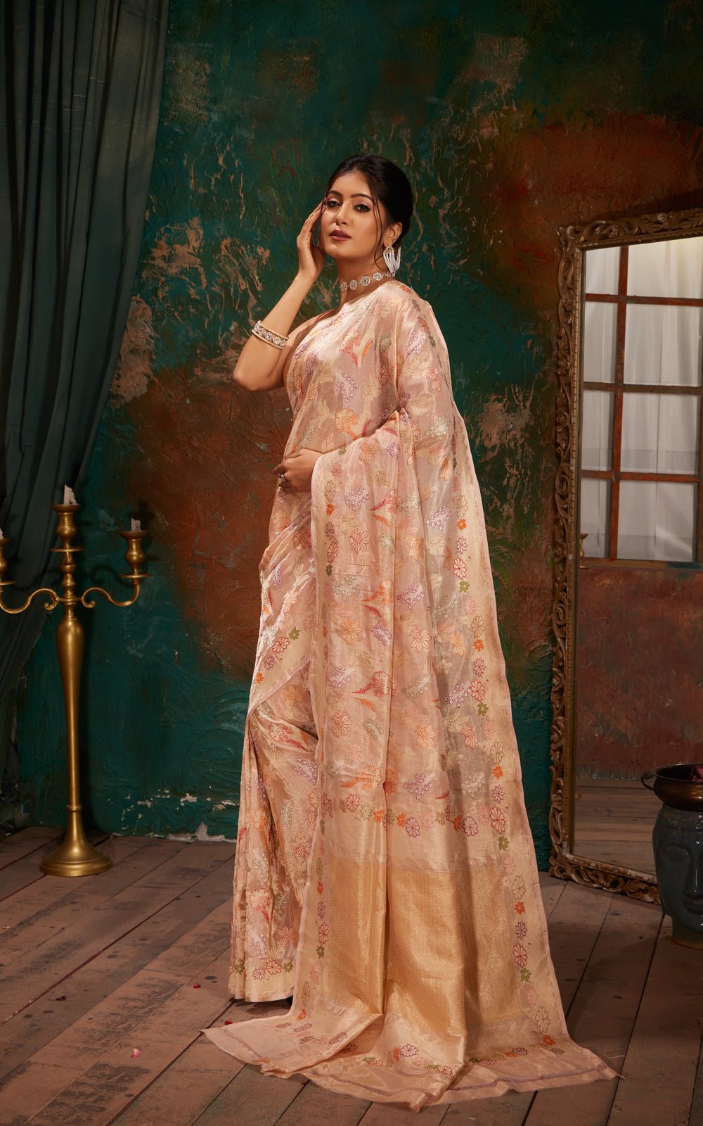 Mild Peach Banarasi Tissue Silk With Jamdani Weaves
