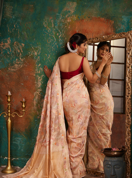 Mild Peach Banarasi Tissue Silk With Jamdani Weaves
