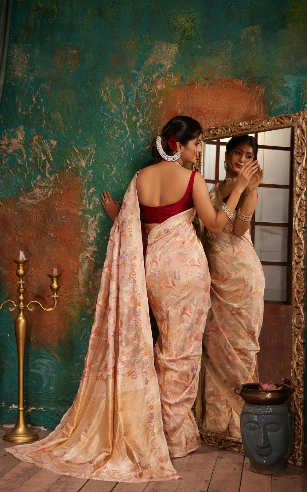 Mild Peach Banarasi Tissue Silk With Jamdani Weaves