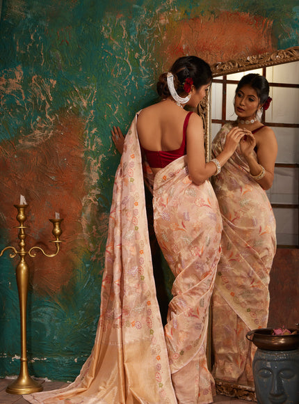 Mild Peach Banarasi Tissue Silk With Jamdani Weaves