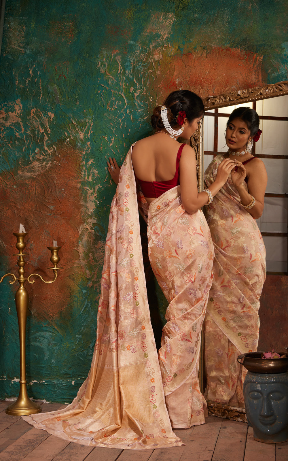 Mild Peach Banarasi Tissue Silk With Jamdani Weaves