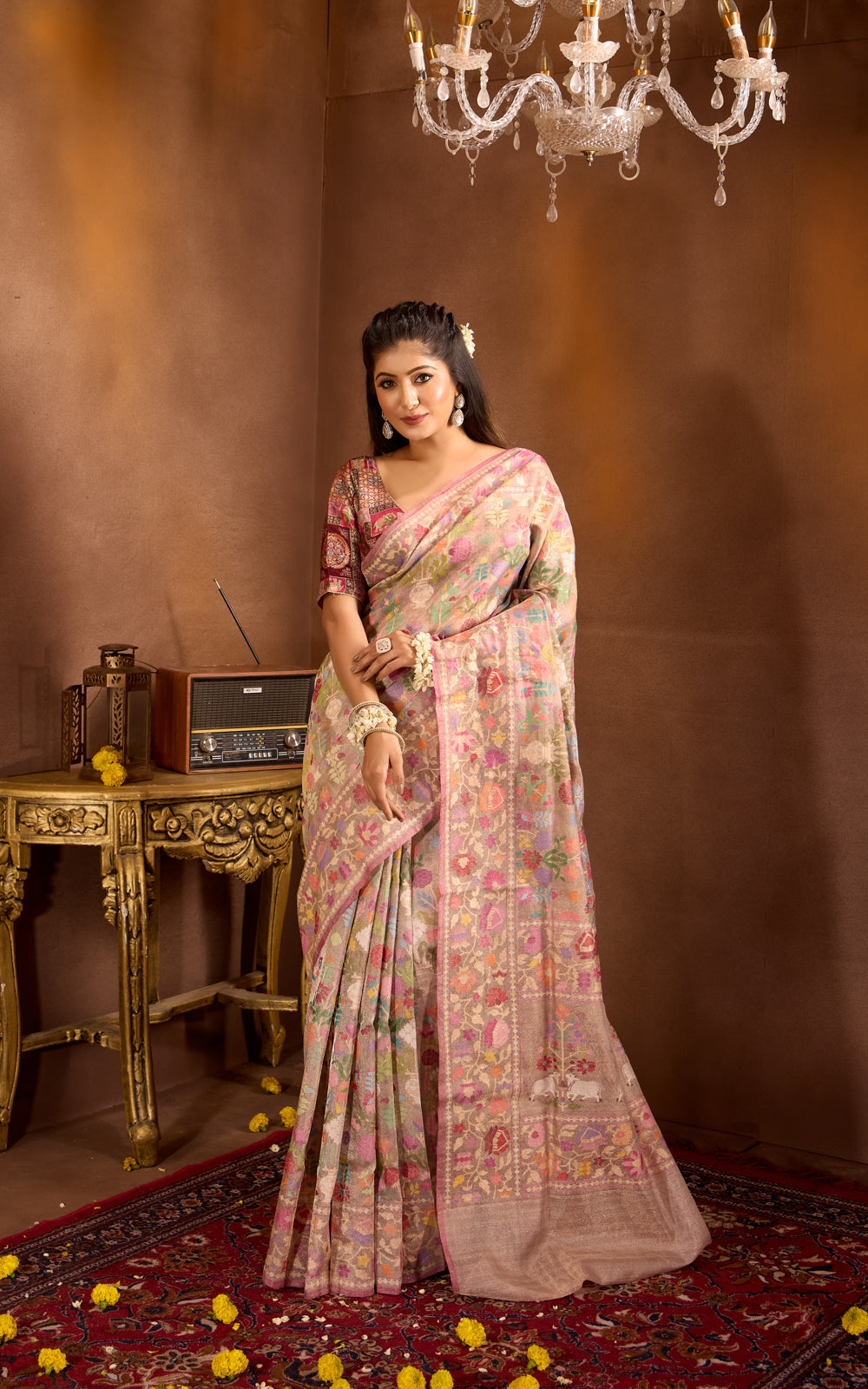 Pastel Grey & Mauve Pink Real Zari Banarasi Kora Saree With Jamdani Weaves