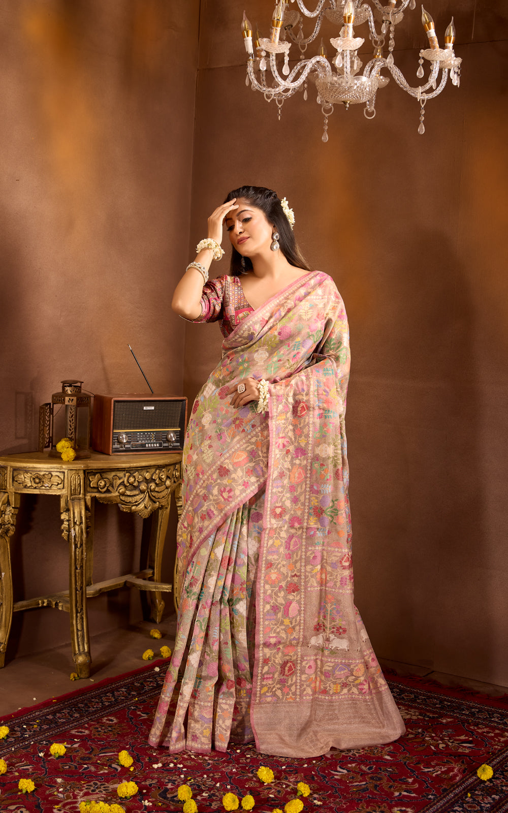 Pastel Grey & Mauve Pink Real Zari Banarasi Kora Saree With Jamdani Weaves