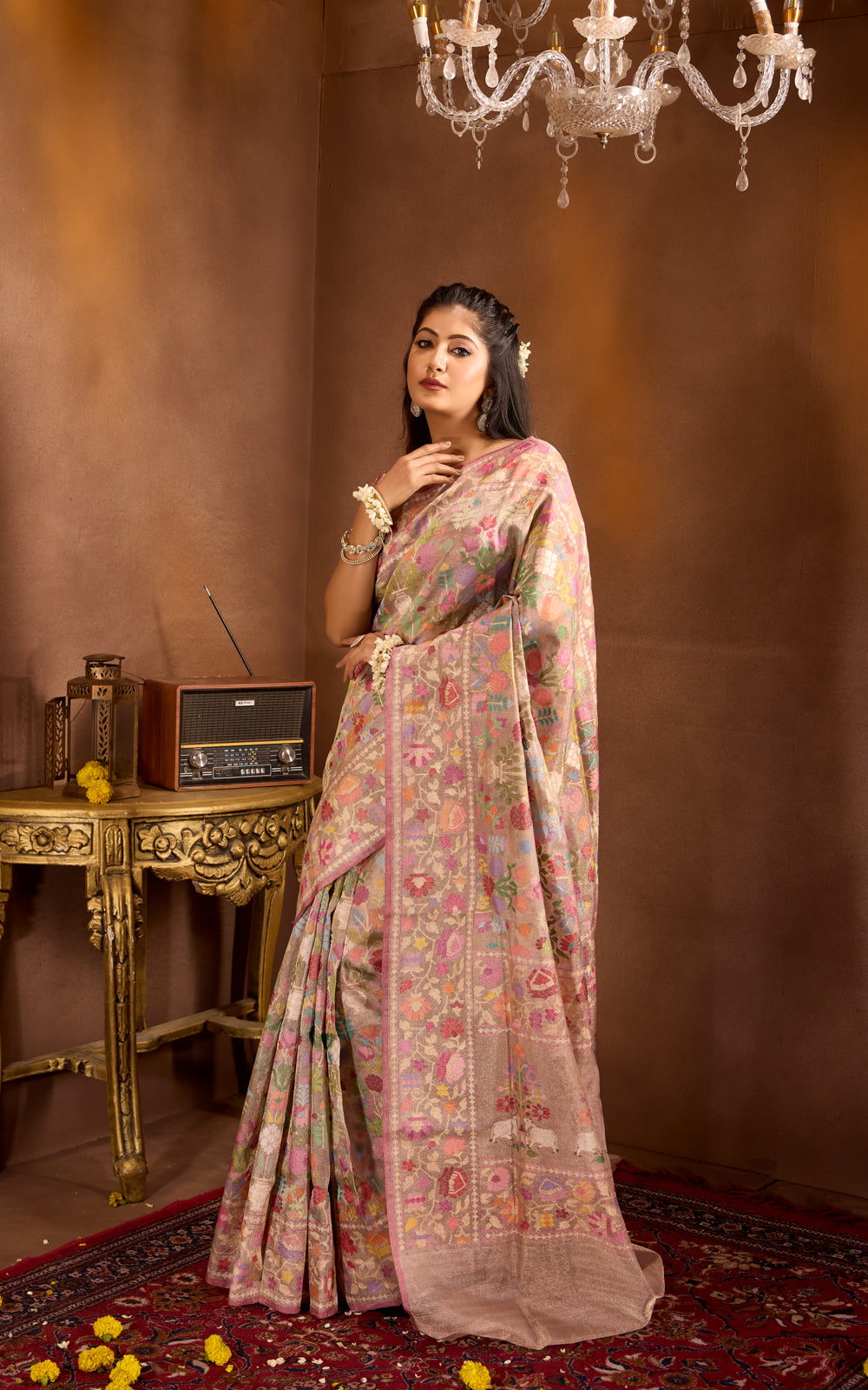 Pastel Grey & Mauve Pink Real Zari Banarasi Kora Saree With Jamdani Weaves