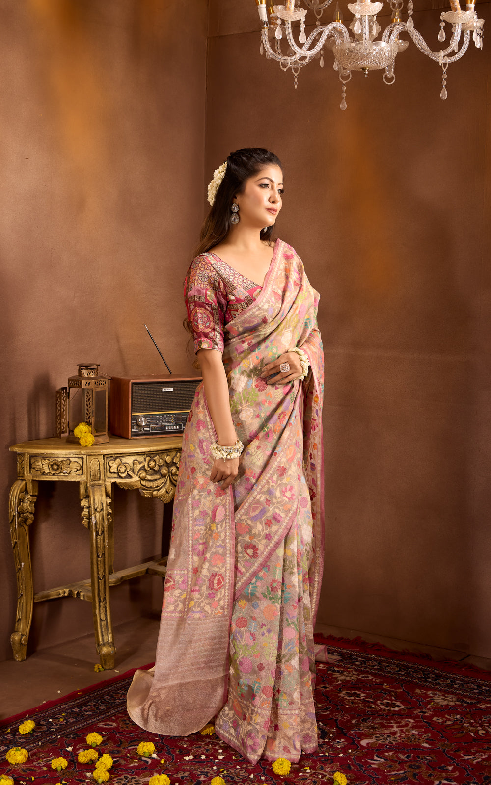 Pastel Grey & Mauve Pink Real Zari Banarasi Kora Saree With Jamdani Weaves
