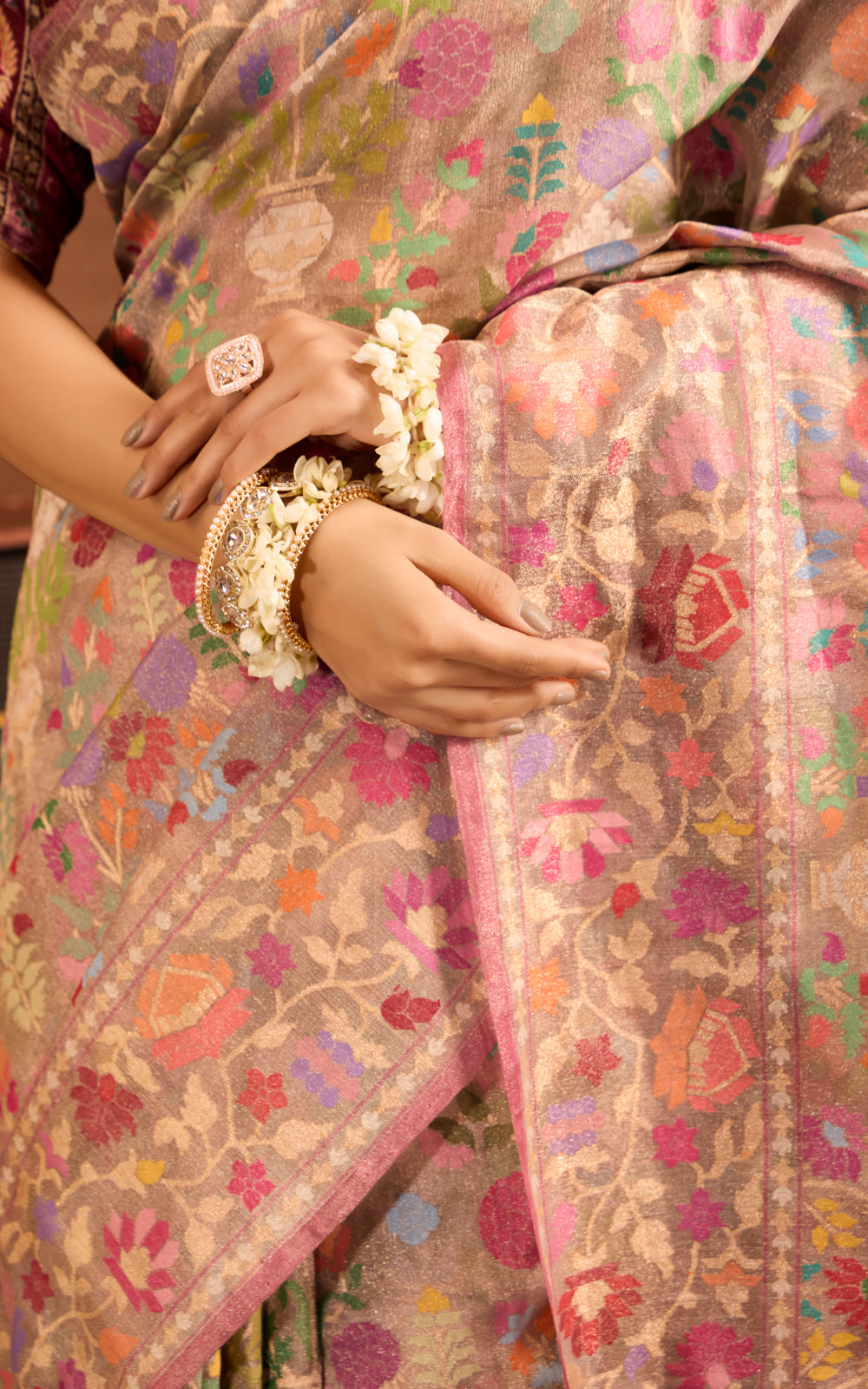 Pastel Grey & Mauve Pink Real Zari Banarasi Kora Saree With Jamdani Weaves