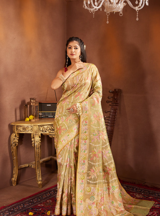 Lime Green & Yellow Real Zari Tissue Silk Banarasi Kora Saree With Jamdani Weaves