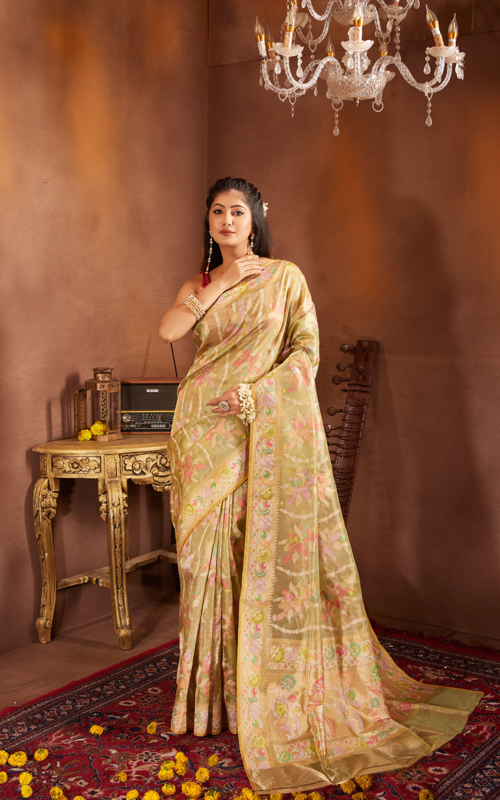 Lime Green & Yellow Real Zari Tissue Silk Banarasi Kora Saree With Jamdani Weaves