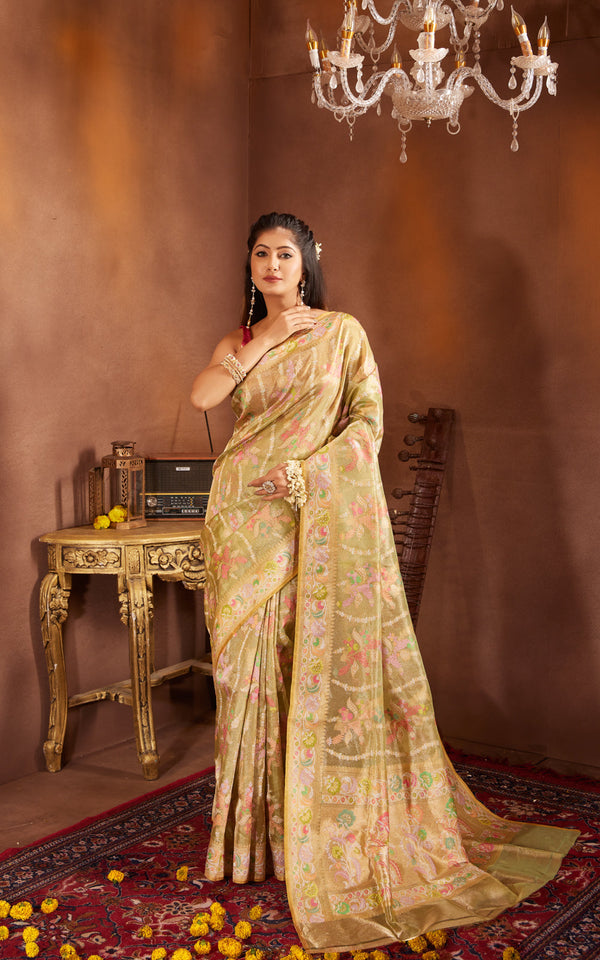 Lime Green & Yellow Real Zari Tissue Silk Banarasi Kora Saree With Jamdani Weaves