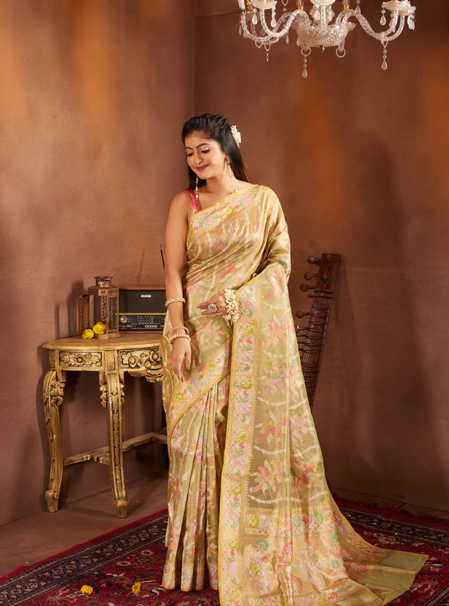 Lime Green & Yellow Real Zari Tissue Silk Banarasi Kora Saree With Jamdani Weaves